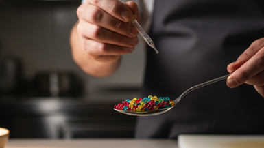 Koch gibt mit Pipette eine Flüssigkeit auf einen Löffel voller bunter Kügelchen.