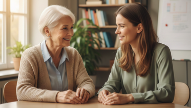 Junge und Alte Frau sitzen gemeinsam an einem Tisch. Beide lächeln sich an.