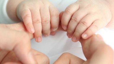 Zwei Babyhände halten die Zeigefinder von zwei Erwachsenenhänden